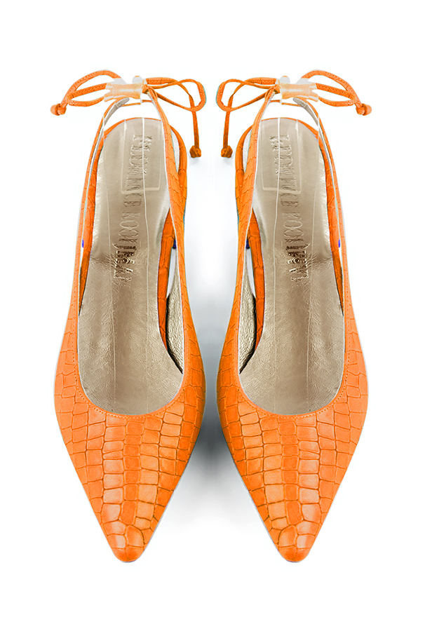 Women's apricot orange slingback dress shoes. Pointed toe. Flat flare heels - Top view